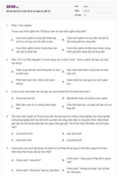 Đề thi Học kì 2 Lịch Sử 8 có đáp án (Đề 2)