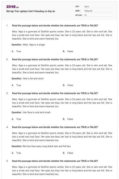 Bài tập Trắc nghiệm Unit 9 Reading có đáp án