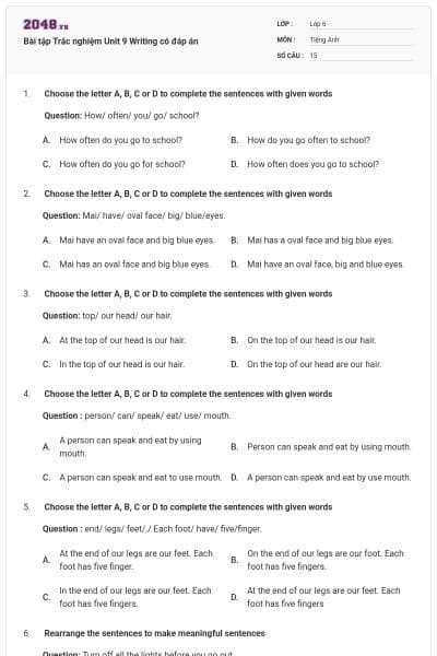 Bài tập Trắc nghiệm Unit 9 Writing có đáp án