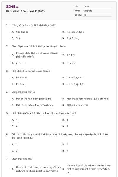 Đề thi giữa kì 1 Công nghệ 11 (Đề 2)