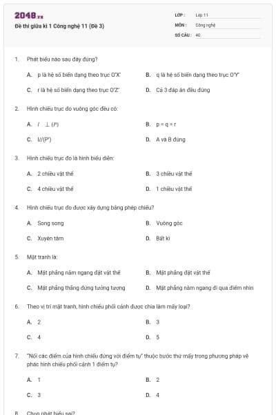 Đề thi giữa kì 1 Công nghệ 11 (Đề 3)