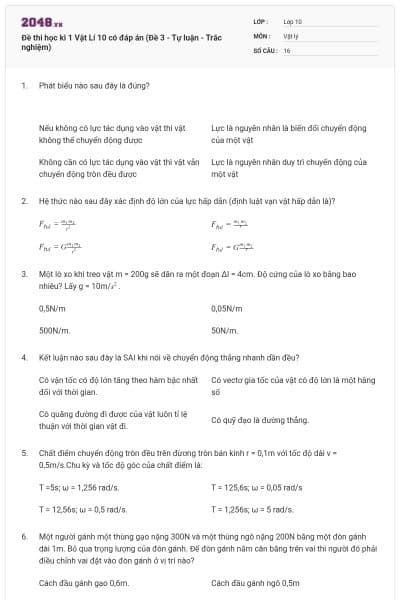 Đề thi học kì 1 Vật Lí 10 có đáp án (Đề 3 - Tự luận - Trắc nghiệm)
