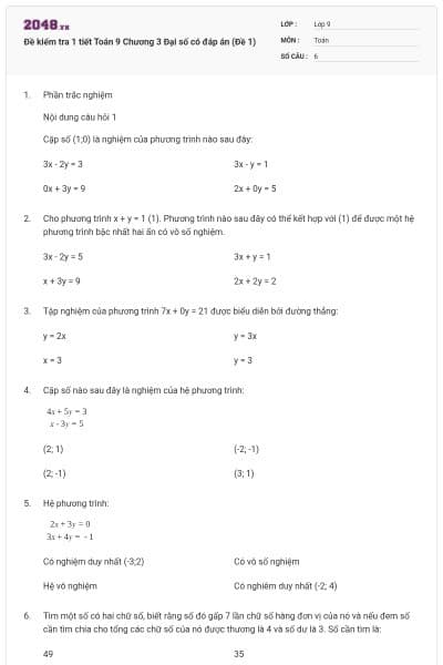 Đề kiểm tra 1 tiết Toán 9 Chương 3 Đại số có đáp án (Đề 1)