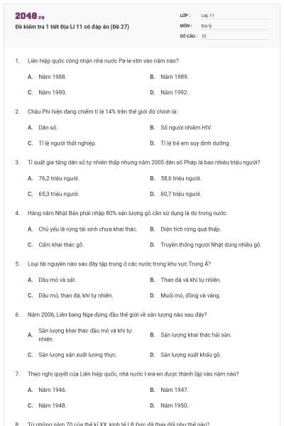 Đề kiểm tra 1 tiết Địa Lí 11 có đáp án (Đề 27)