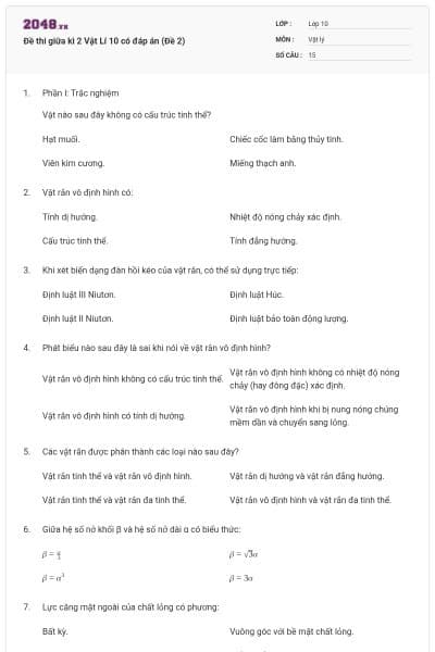 Đề thi giữa kì 2 Vật Lí 10 có đáp án (Đề 2)