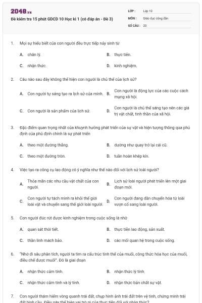 Đề kiểm tra 15 phút GDCD 10 Học kì 1 (có đáp án - Đề 3)