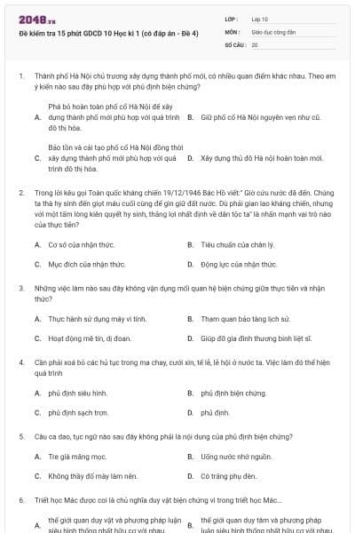 Đề kiểm tra 15 phút GDCD 10 Học kì 1 (có đáp án - Đề 4)