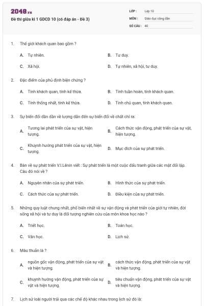 Đề thi giữa kì 1 GDCD 10 (có đáp án - Đề 3)