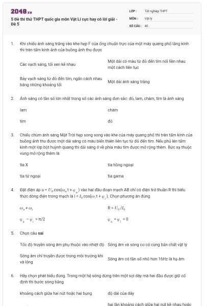 5 Đề thi thử THPT quốc gia môn Vật Lí cực hay có lời giải - Đề 5