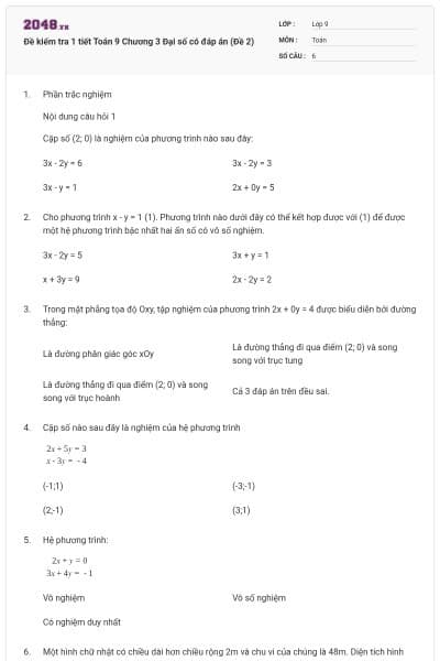 Đề kiểm tra 1 tiết Toán 9 Chương 3 Đại số có đáp án (Đề 2)