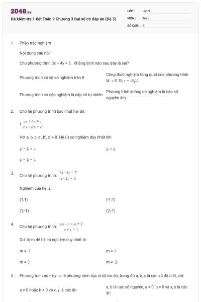 Đề kiểm tra 1 tiết Toán 9 Chương 3 Đại số có đáp án (Đề 3)
