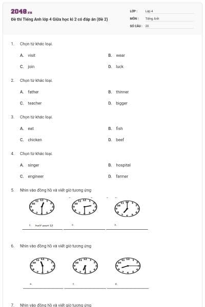 Đề thi Tiếng Anh lớp 4 Giữa học kì 2 có đáp án (Đề 2)