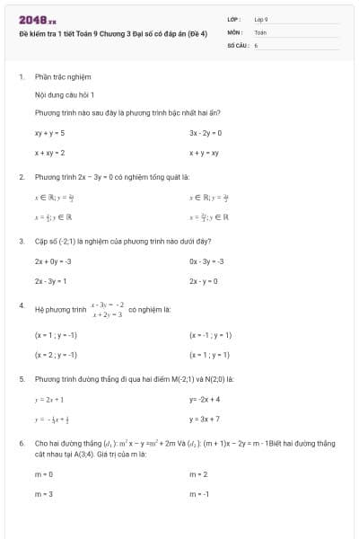 Đề kiểm tra 1 tiết Toán 9 Chương 3 Đại số có đáp án (Đề 4)