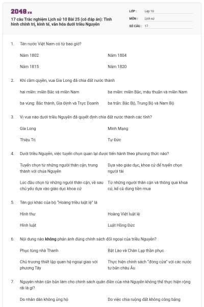17 câu  Trắc nghiệm Lịch sử 10 Bài 25 (có đáp án): Tình hình chính trị, kinh tế, văn hóa dưới triều Nguyễn
