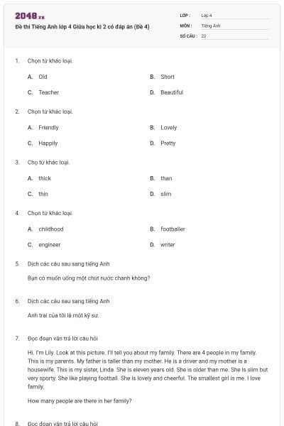 Đề thi Tiếng Anh lớp 4 Giữa học kì 2 có đáp án (Đề 4)