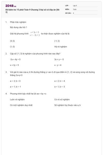 Đề kiểm tra 15 phút Toán 9 Chương 3 Đại số có đáp án (Đề 3)