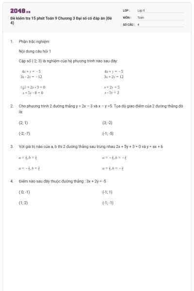 Đề kiểm tra 15 phút Toán 9 Chương 3 Đại số có đáp án (Đề 4)