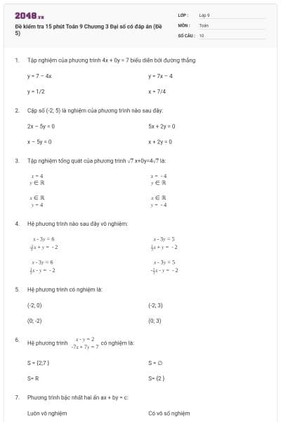 Đề kiểm tra 15 phút Toán 9 Chương 3 Đại số có đáp án (Đề 5)