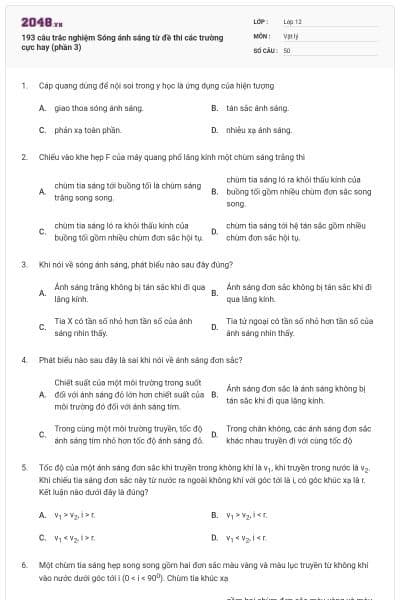 193 câu trắc nghiệm Sóng ánh sáng từ đề thi các trường cực hay (phần 3)