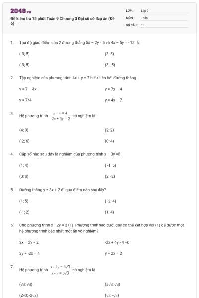 Đề kiểm tra 15 phút Toán 9 Chương 3 Đại số có đáp án (Đề 6)