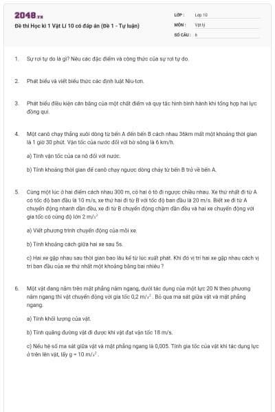 Đề thi Học kì 1 Vật Lí 10 có đáp án (Đề 1 - Tự luận)