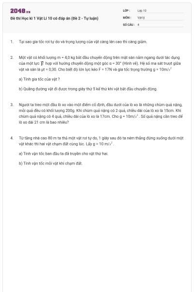 Đề thi Học kì 1 Vật Lí 10 có đáp án (Đề 2 - Tự luận)