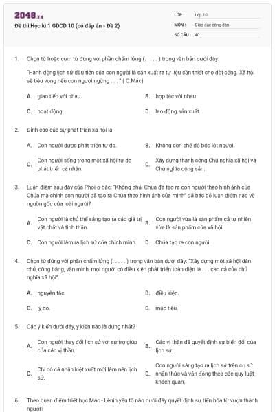 Đề thi Học kì 1 GDCD 10 (có đáp án - Đề 2)
