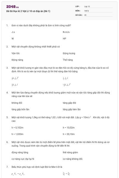 Đề thi Học kì 2 Vật Lí 10 có đáp án (Đề 1)