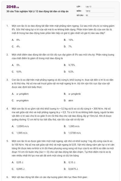 30 câu Trắc nghiệm Vật Lí 12 dao động tắt dần có đáp án