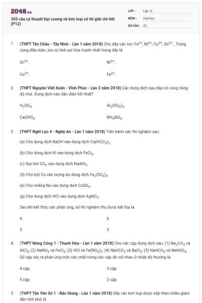 355 câu Lý thuyết Đại cương về kim loại có lời giải chi tiết (P12)