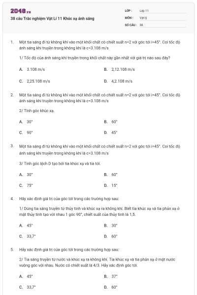 38 câu Trắc nghiệm Vật Lí 11 Khúc xạ ánh sáng