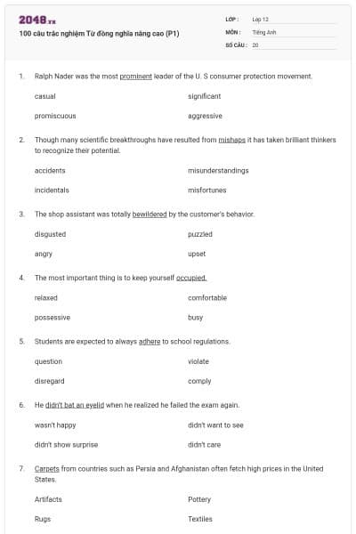 100 câu trắc nghiệm Từ đồng nghĩa nâng cao (P1)