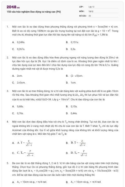 150 câu trắc nghiệm Dao động cơ nâng cao (P6)