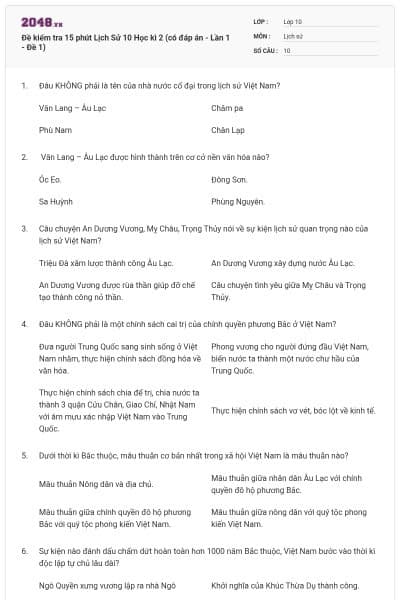 Đề kiểm tra 15 phút Lịch Sử 10 Học kì 2 (có đáp án - Lần 1 - Đề 1)