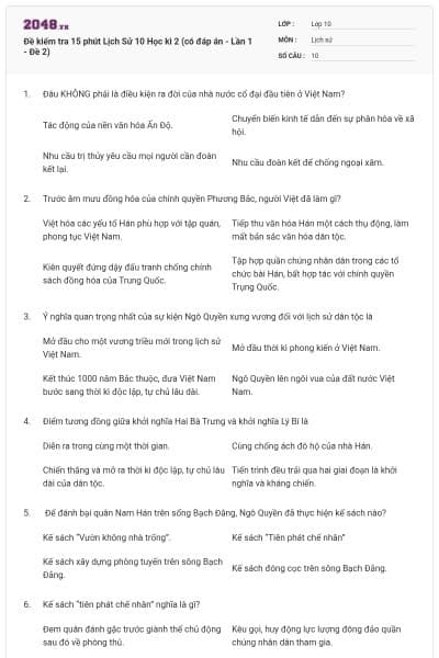 Đề kiểm tra 15 phút Lịch Sử 10 Học kì 2 (có đáp án - Lần 1 - Đề 2)