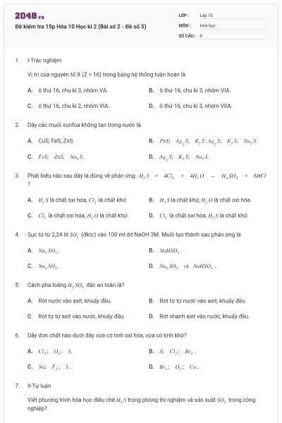 Đề kiểm tra 15p Hóa 10 Học kì 2 (Bài số 2 - Đề số 5)