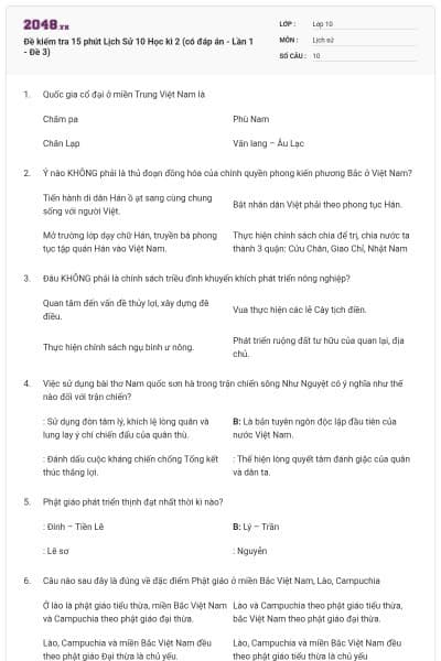 Đề kiểm tra 15 phút Lịch Sử 10 Học kì 2 (có đáp án - Lần 1 - Đề 3)