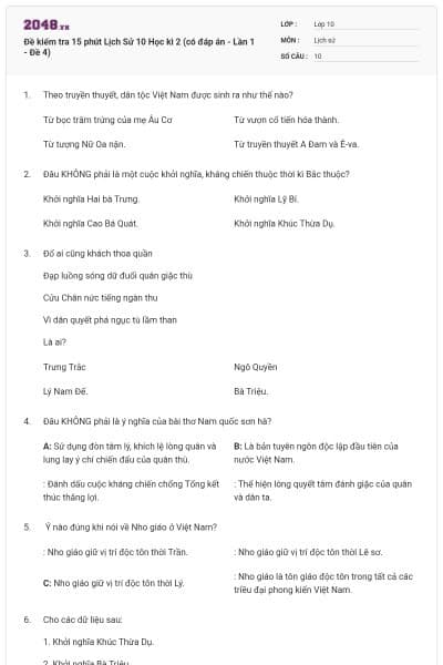 Đề kiểm tra 15 phút Lịch Sử 10 Học kì 2 (có đáp án - Lần 1 - Đề 4)