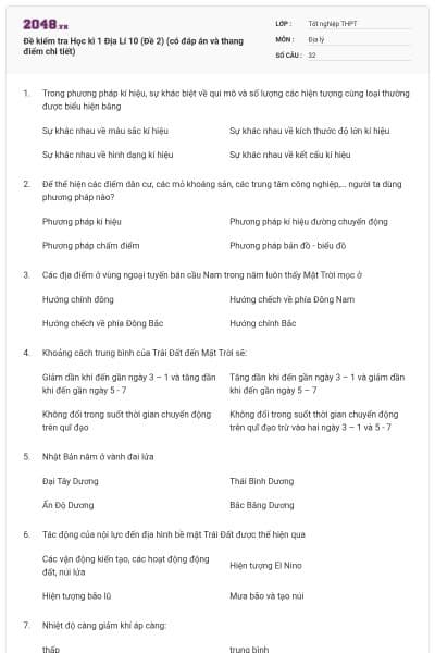 Đề kiểm tra Học kì 1 Địa Lí 10 (Đề 2) (có đáp án và thang điểm chi tiết)