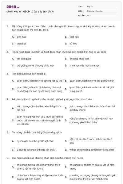 Đề thi Học kì 1 GDCD 10 (có đáp án - Đề 3)