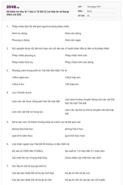 Đề kiểm tra Học kì 1 Địa Lí 10 (Đề 3) (có đáp án và thang điểm chi tiết)