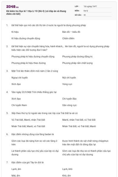 Đề kiểm tra Học kì 1 Địa Lí 10 (Đề 4) (có đáp án và thang điểm chi tiết)