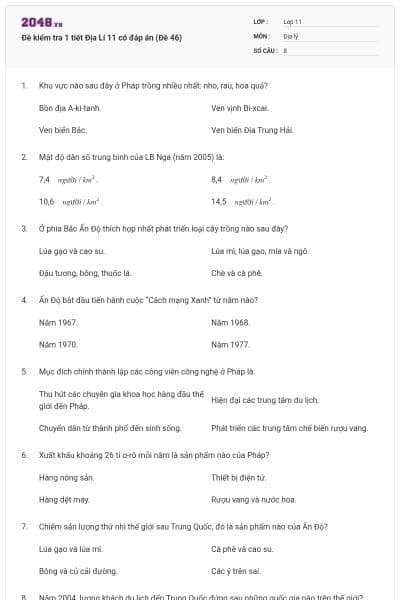 Đề kiểm tra 1 tiết Địa Lí 11 có đáp án (Đề 46)