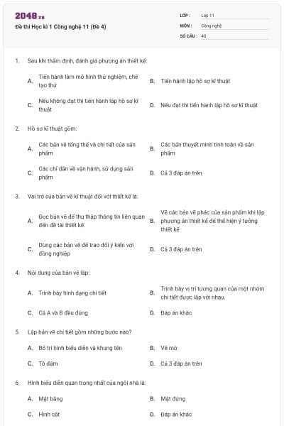 Đề thi Học kì 1 Công nghệ 11 (Đề 4)