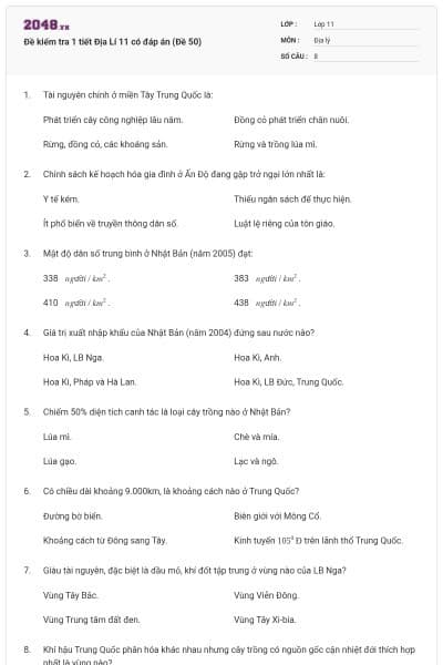 Đề kiểm tra 1 tiết Địa Lí 11 có đáp án (Đề 50)