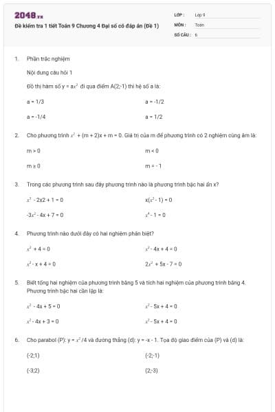 Đề kiểm tra 1 tiết Toán 9 Chương 4 Đại số có đáp án (Đề 1)