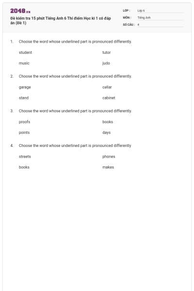 Đề kiểm tra 15 phút Tiếng Anh 6 Thí điểm Học kì 1 có đáp án (Đề 1)