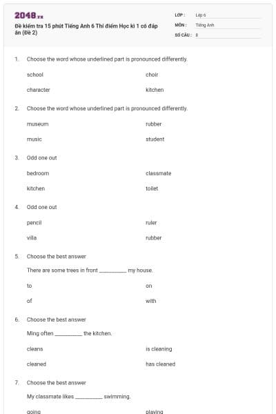 Đề kiểm tra 15 phút Tiếng Anh 6 Thí điểm Học kì 1 có đáp án (Đề 2)