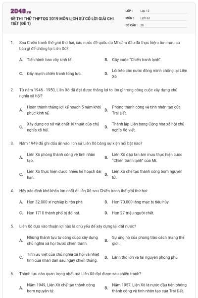 ĐỀ THI THỬ THPTQG 2019 MÔN LỊCH SỬ CÓ LỜI GIẢI CHI TIẾT (ĐỀ 1)