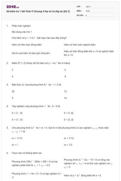 Đề kiểm tra 1 tiết Toán 9 Chương 4 Đại số có đáp án (Đề 2)